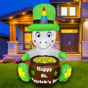 seasonblow 4 ft led inflatable st. patrick's day unicorn decoration with gold coin pot for home yard lawn garden indoor outdoor
