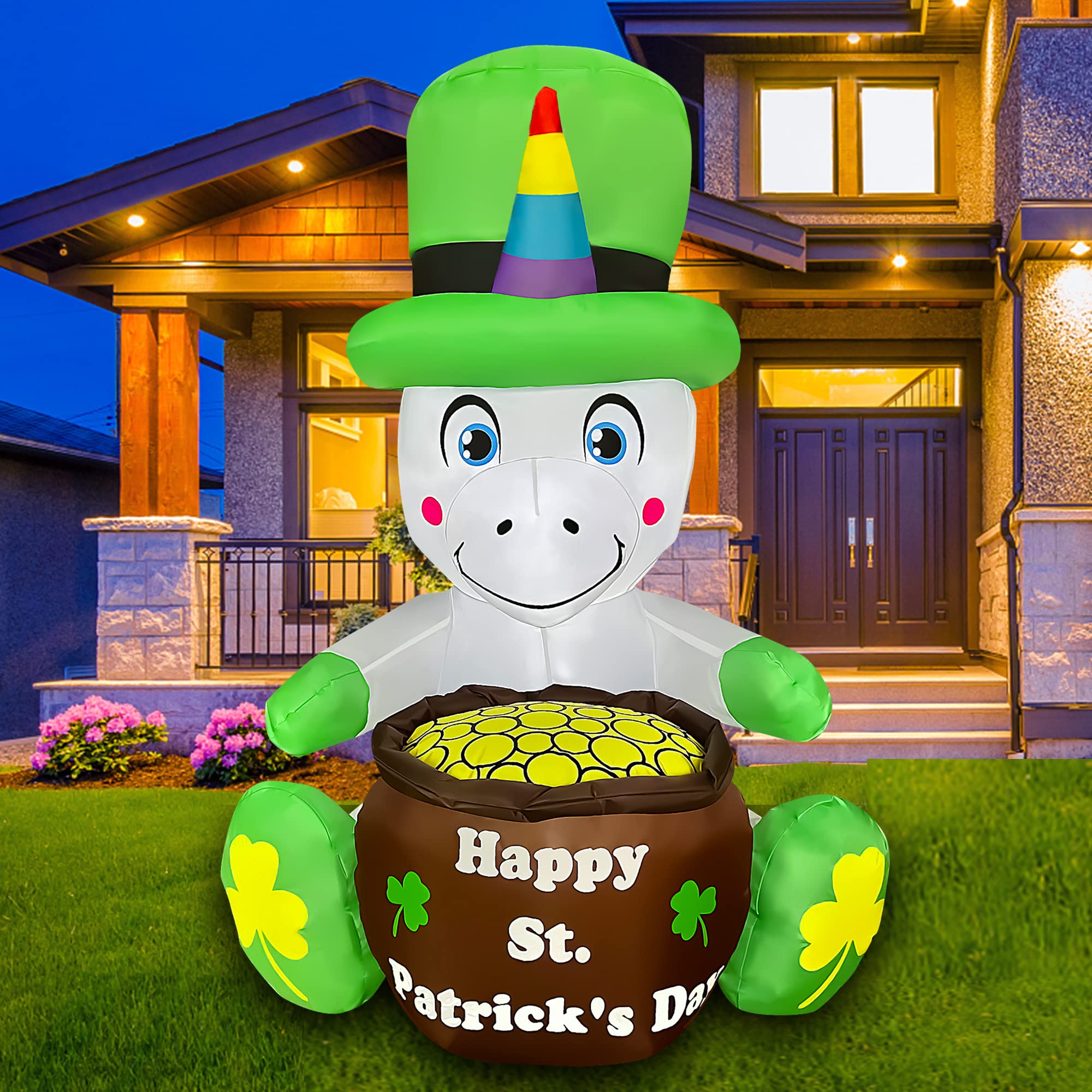 SEASONBLOW 4 Ft LED Inflatable St. Patrick's Day Unicorn Decoration with Gold Coin Pot for Home Yard Lawn Garden Indoor Outdoor