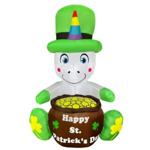 SEASONBLOW 4 Ft LED Inflatable St. Patrick's Day Unicorn Decoration with Gold Coin Pot for Home Yard Lawn Garden Indoor Outdoor