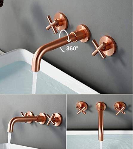 ShiSyan Y-LKUN Faucet Modern Brushed Rose Gold Brass Double Cross Handle Bath Wall Mounted 3 Hole Water Bathroom Home Sink Faucet Hot Cold Tap in-Wall