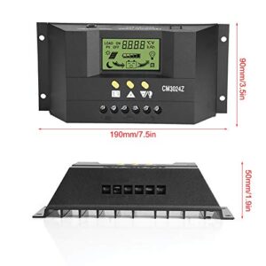 Jeanoko Solar Charge Controller Intelligent Full 3-Stage PWM 12V 24V 30A Solar Panel Charge Controller Regulator Adjustable LCD Display Overload Protection