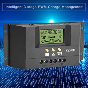 Jeanoko Solar Charge Controller Intelligent Full 3-Stage PWM 12V 24V 30A Solar Panel Charge Controller Regulator Adjustable LCD Display Overload Protection
