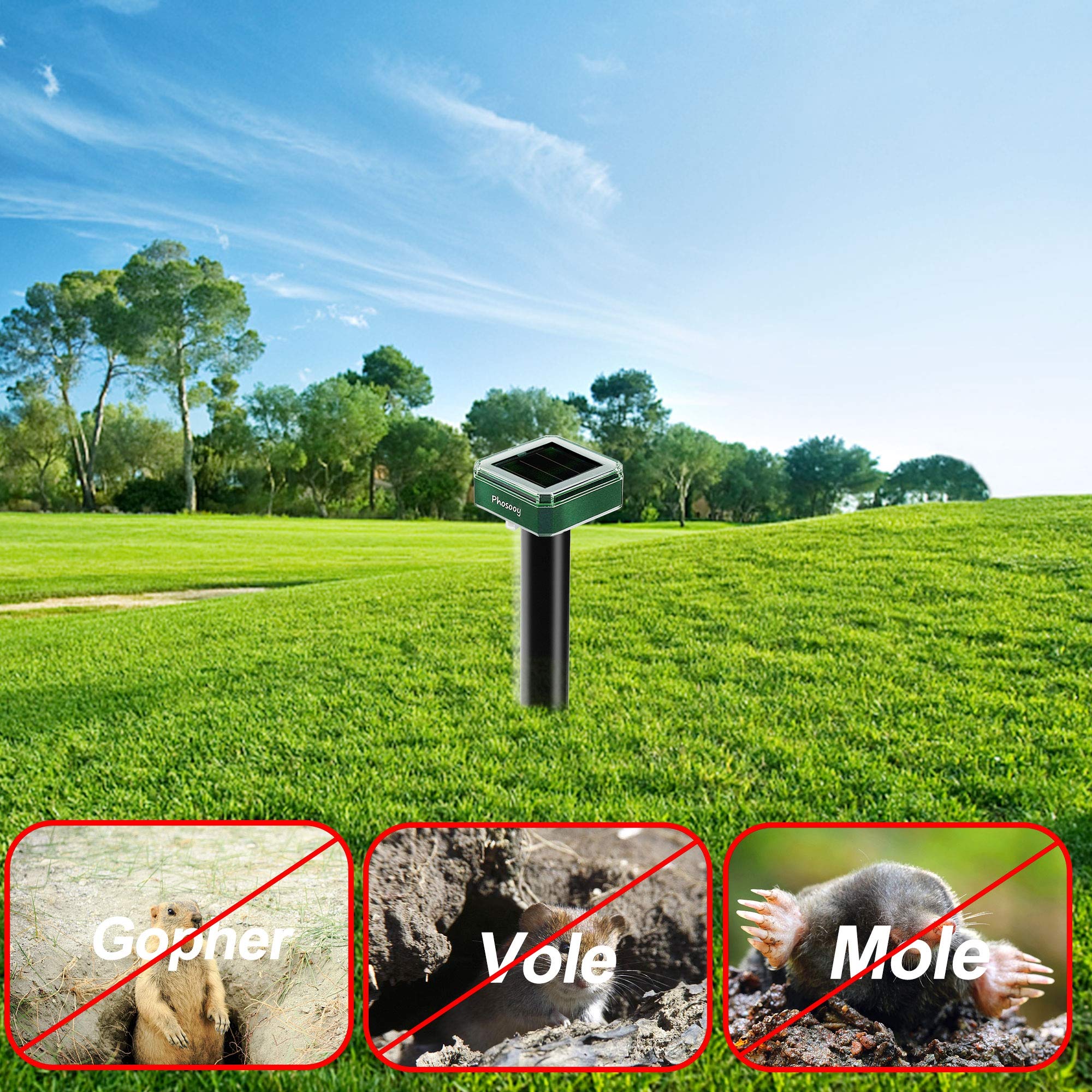 Phosooy Solar Mole Repellent Stakes, 8 Pack Solar Powered Ultrasonic Snake Gopher Deterrent Spikes, Waterproof Solar Rodent Voles Gopher Chipmunk Repellent for Lawn, Garden, Farm Outdoor Use