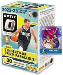 new 2022-23 panini donruss optic factory sealed basketball box w/30 cards (7 inserts or prizms per box) - chance for rated rookie autographs purple parallels! - includes novelty luka doncic card pictured