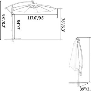 HENG FENG 10FT Solar Powered 32LED Lighted Patio Offset Umbrella Cantilever Umbrella Hanging Outdoor Market Umbrella with Crank and Cross Base, Beige