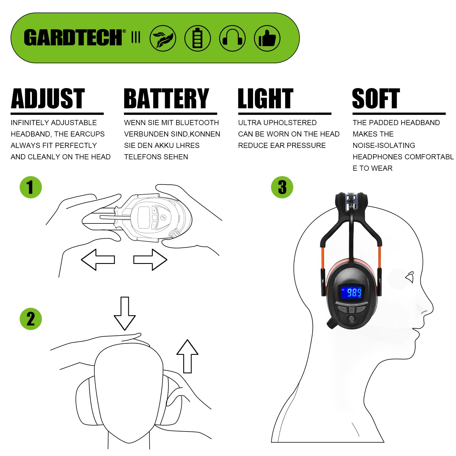 Gardtech Hearing Protection with Bluetooth, FM Radio Earmuffs, NRR 29dB Hearing Protection Headphones Noise Cancelling Headphones with MP3 for Mowing Lawn Work, Rechargeable BL-5B Battery