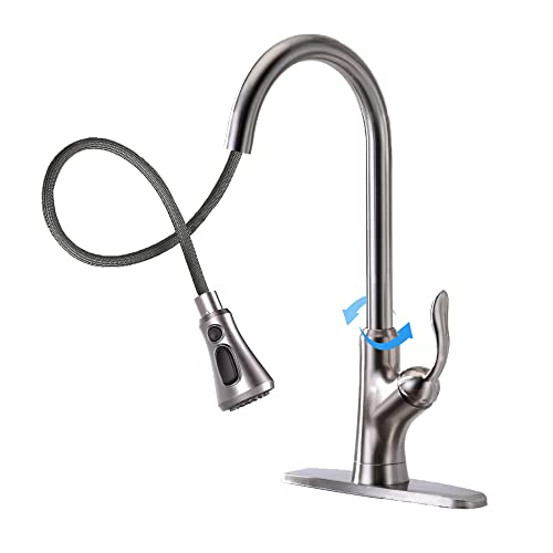 Pull Down Kitchen Sink Faucet, Single Handle High Arc Pull Out Kitchen Faucet with Sprayer, Commercial Modern rv Gooseneck Sink Faucet, Grifos De Cocina (Brushed Nickel Silver)