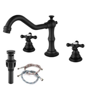 gotonovo 3 hole matte black bathroom sink widespread faucet mixing tap deck mount double handle cross knobs faucet with pop up drain