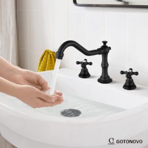 gotonovo 3 Hole Matte Black Bathroom Sink Widespread Faucet Mixing Tap Deck Mount Double Handle Cross Knobs Faucet with Pop Up Drain