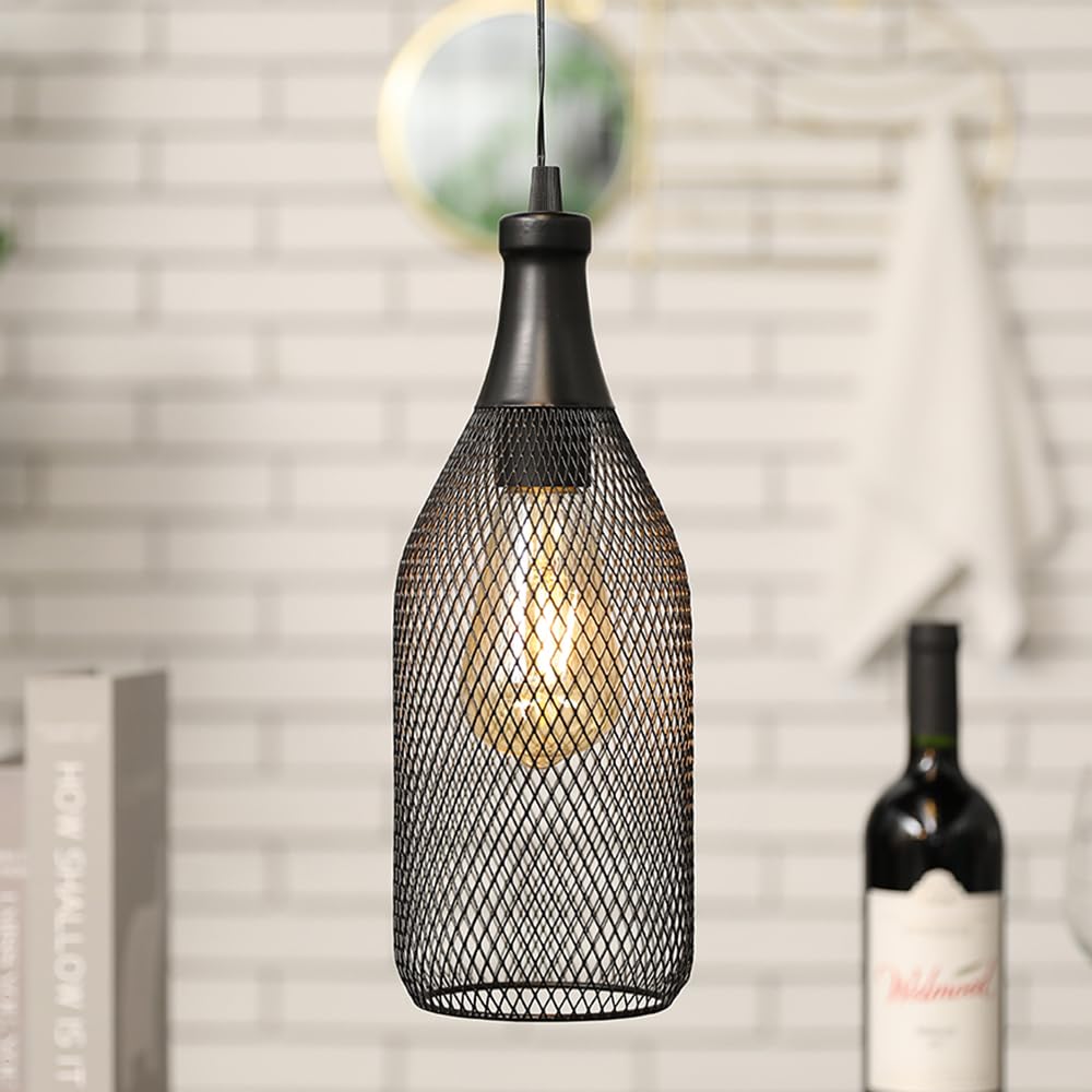 JHY DESIGN Hanging Lamp Black Battery Powered Decorative Pendant Lamp Metal Cage Battery Lamp with 6 Hours Timer for Bar Bedroom Garden Parties Patio Indoor Outdoor Living Room(Wine Bottle Shaped)