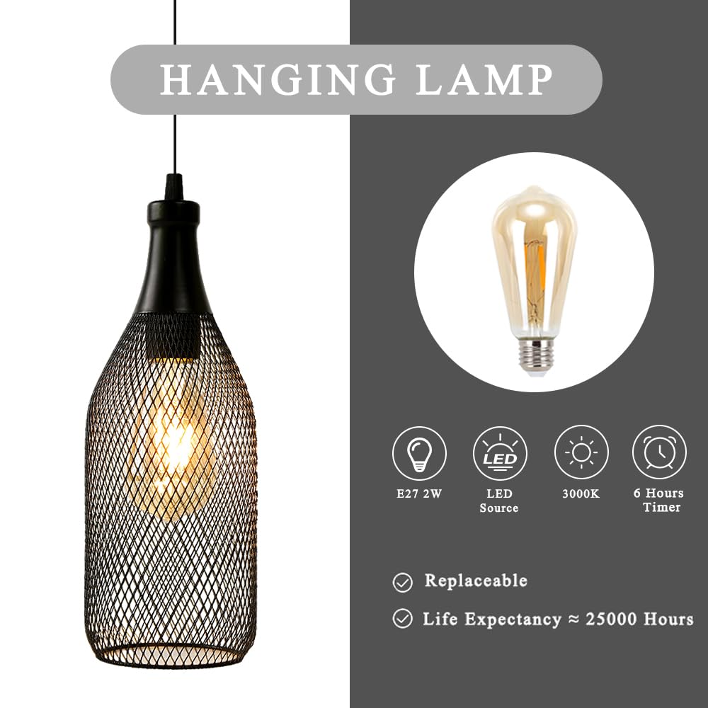 JHY DESIGN Hanging Lamp Black Battery Powered Decorative Pendant Lamp Metal Cage Battery Lamp with 6 Hours Timer for Bar Bedroom Garden Parties Patio Indoor Outdoor Living Room(Wine Bottle Shaped)