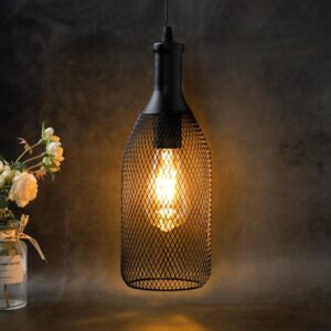 JHY DESIGN Hanging Lamp Black Battery Powered Decorative Pendant Lamp Metal Cage Battery Lamp with 6 Hours Timer for Bar Bedroom Garden Parties Patio Indoor Outdoor Living Room(Wine Bottle Shaped)