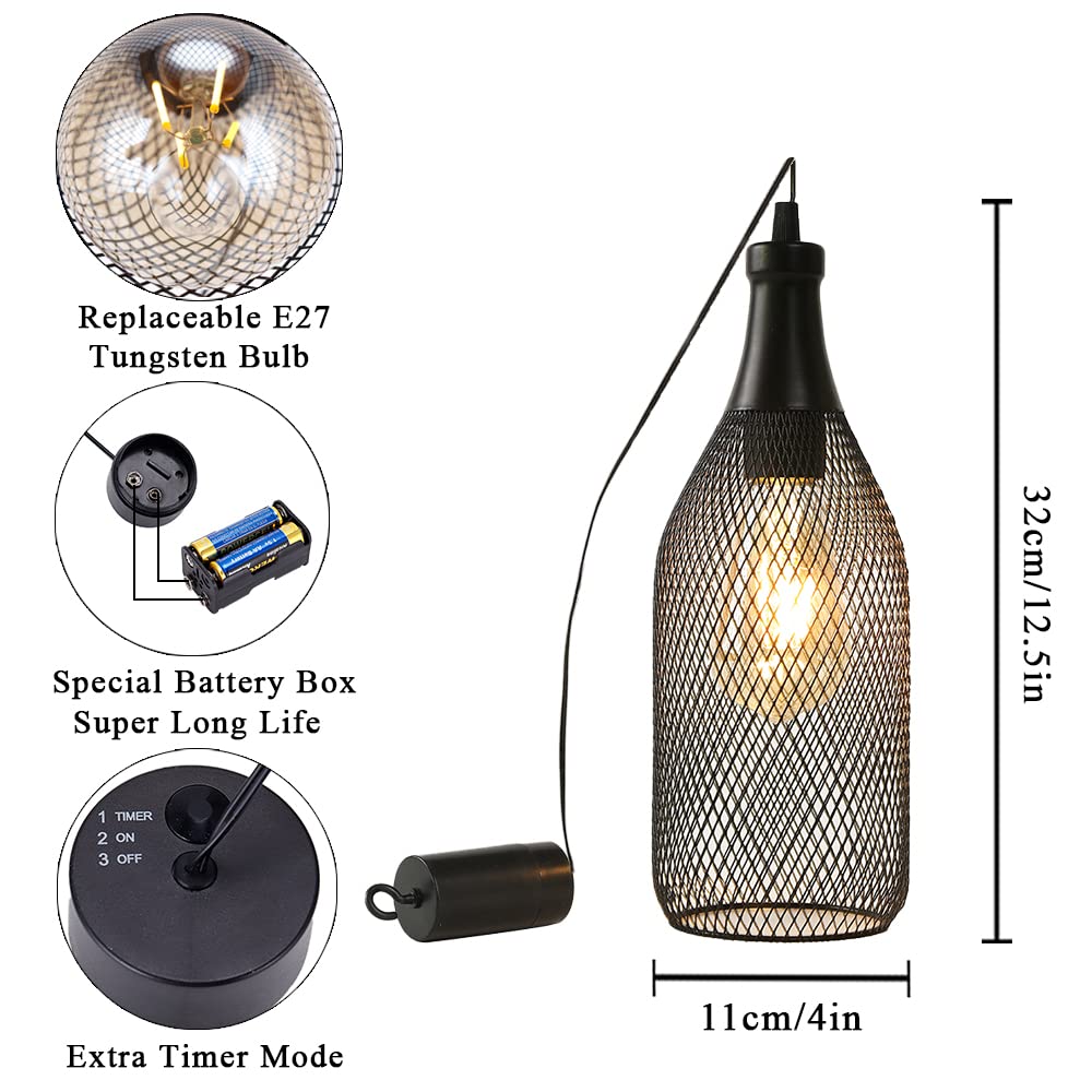 JHY DESIGN Hanging Lamp Black Battery Powered Decorative Pendant Lamp Metal Cage Battery Lamp with 6 Hours Timer for Bar Bedroom Garden Parties Patio Indoor Outdoor Living Room(Wine Bottle Shaped)