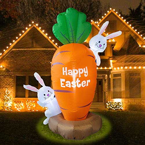 FUNPENY 5 Feet Inflatable Easter Day Decoration, Blow Up Carrot with 2 Little Cute Rabbits Lighted Decor for Indoor Outdoor Lawn Yard