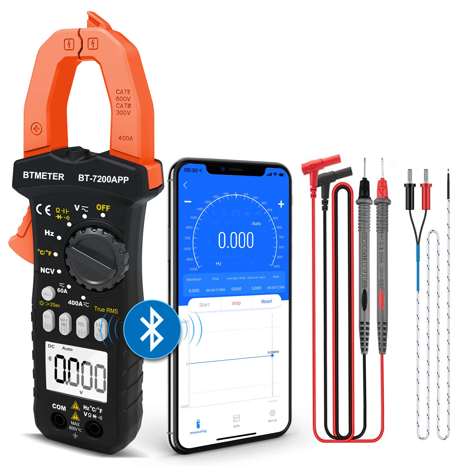 BTMETER BT-7200APP TRMS 6000 Counts Clamp Multimeter, Digital Clamp-on Ammeter for AC/DC Current Voltage Resistance Capacitor Frequency Continuity Temperature NCV Meter