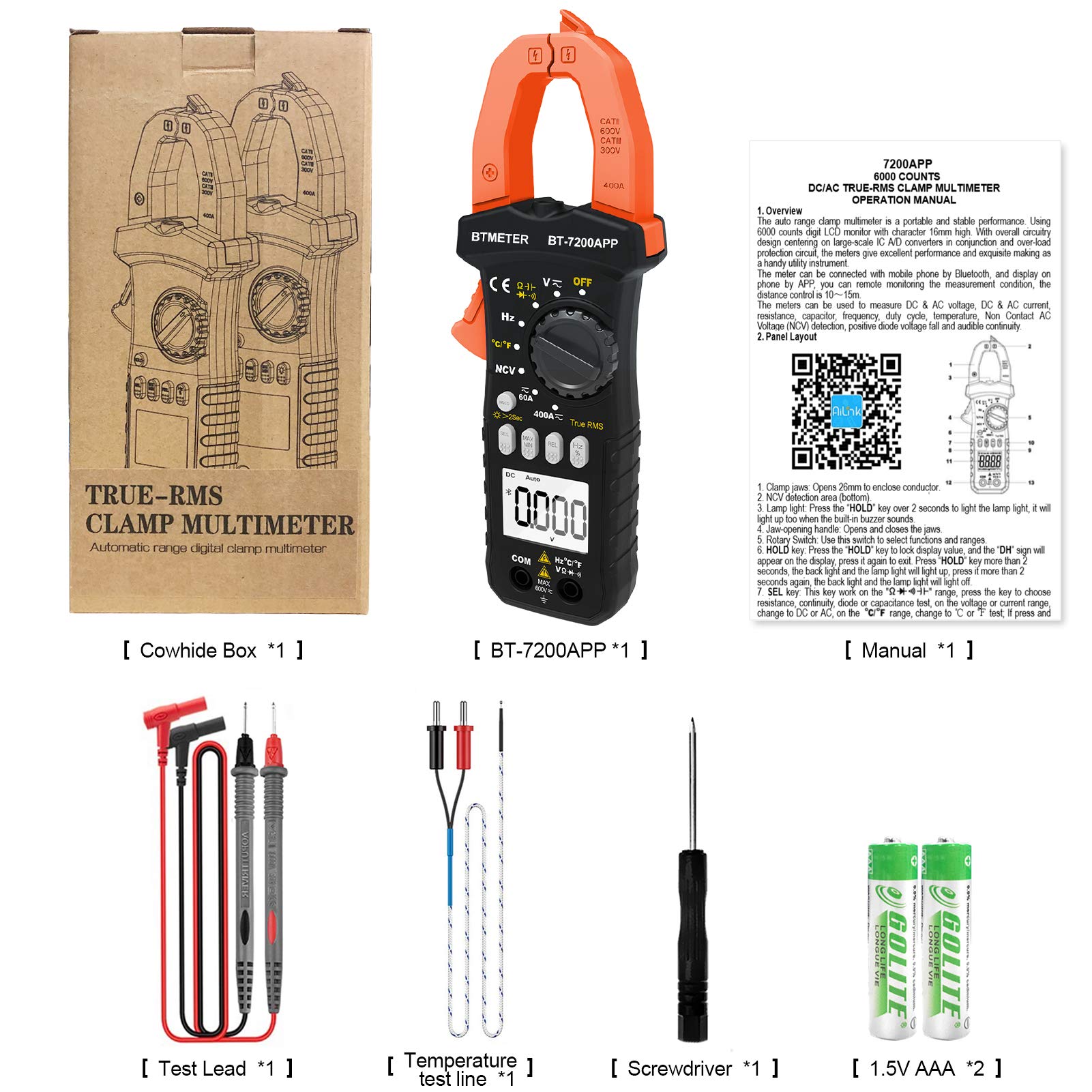 BTMETER BT-7200APP TRMS 6000 Counts Clamp Multimeter, Digital Clamp-on Ammeter for AC/DC Current Voltage Resistance Capacitor Frequency Continuity Temperature NCV Meter