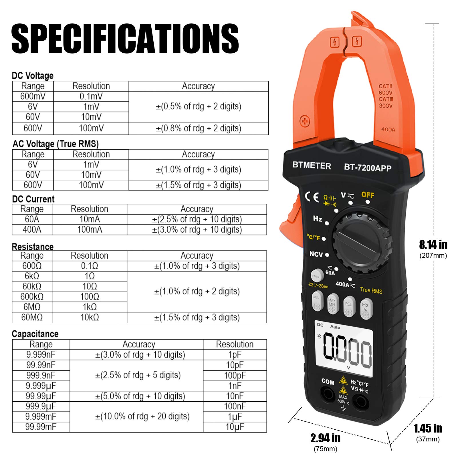 BTMETER BT-7200APP TRMS 6000 Counts Clamp Multimeter, Digital Clamp-on Ammeter for AC/DC Current Voltage Resistance Capacitor Frequency Continuity Temperature NCV Meter