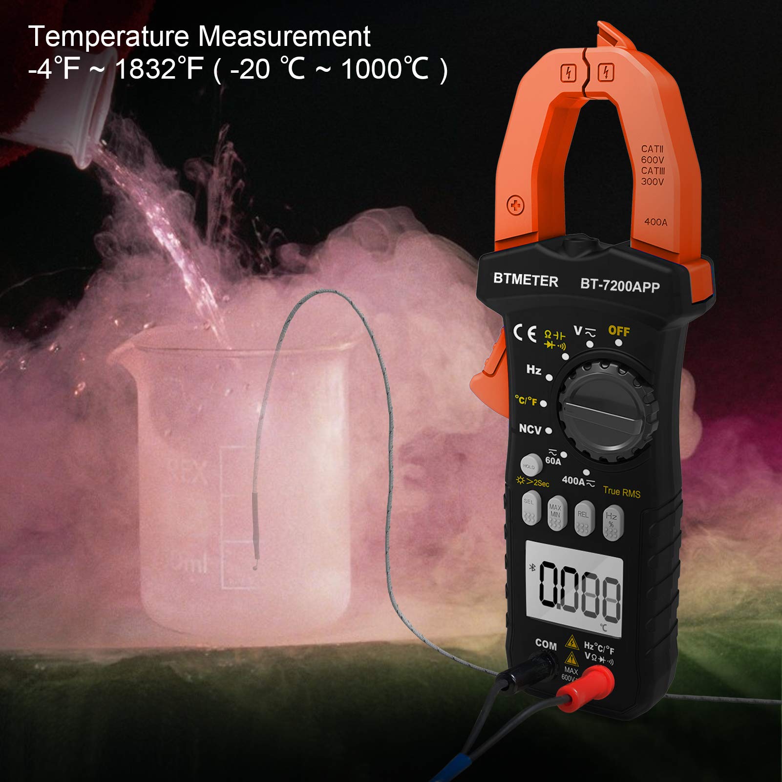 BTMETER BT-7200APP TRMS 6000 Counts Clamp Multimeter, Digital Clamp-on Ammeter for AC/DC Current Voltage Resistance Capacitor Frequency Continuity Temperature NCV Meter