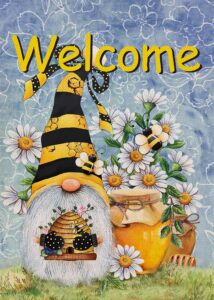 furiaz welcome spring honey bee gnome garden flag, summer yard outdoor home decorative burlap lawn outside decoration, daisy flowers small decor double sided 12x18