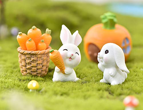 HoneyToys Resin Mini Rabbits Mini Carrot with Basket, Miniature Figurines, Fairy Garden Accessories, Fairy Garden Supplies, Fairy Garden Animals for Fairy Garden, Plant Pots, Bonsai Craft Decor