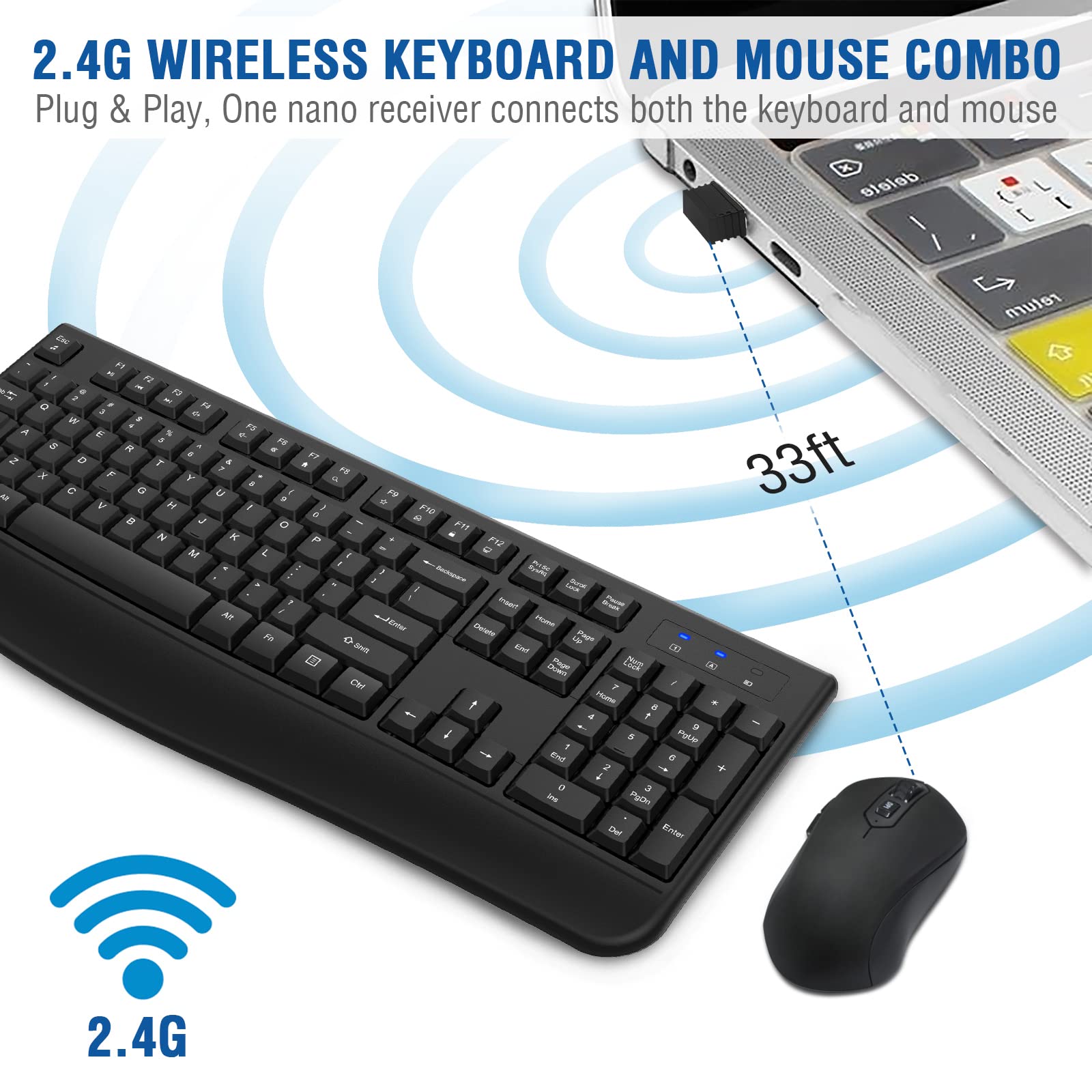 Wireless Keyboard and Mouse Combo, EDJO 2.4G Full-Sized Ergonomic Computer Keyboard with Wrist Rest and 3 Level DPI Adjustable Wireless Mouse for Windows, Mac OS Desktop/Laptop/PC