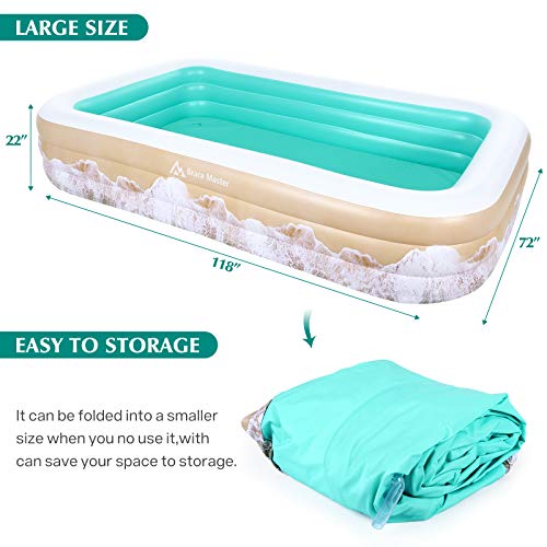 Brace Master Inflatable Swimming Pool, Blow Up Pool, 118" x 72" x 22" Family Kiddie Pools, Ages 3+, Full-Sized Inflatable Pool for Kids, Adults, Outdoor, Garden, Backyard, Green