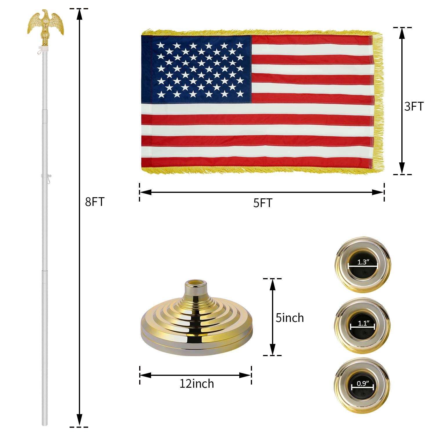 Jetlifee Indoor Flag Pole Kit - Telescoping 8 FT Flagpole with Eagle Topper, 3x5 FT American Flag Embroidered Stars Sewn Stripes, Flag Pole Holder Compatible with 0.9’’, 1.1’’ and 1.3’’ Dia Flagpole