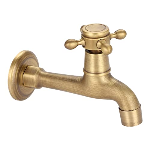 Oumefar Water Faucet, Wall Mounted Water Faucet Classic Water Tap Single Cross Handle Bathroom Faucet, Vintage Solid Antique Brass Faucet Single Cold Water Tape, Vanity Faucet(12.5cm / 4.92in)