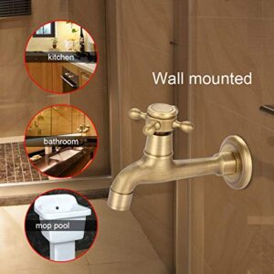 Oumefar Water Faucet, Wall Mounted Water Faucet Classic Water Tap Single Cross Handle Bathroom Faucet, Vintage Solid Antique Brass Faucet Single Cold Water Tape, Vanity Faucet(12.5cm / 4.92in)