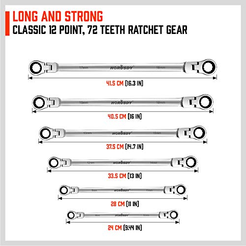 HORUSDY 10-Piece Extra Long Flex-Head Ratcheting Wrench Set - Chrome Vanadium Steel With Metric 8mm - 19mm,With 1/4",3/8",1/2" Socket Drive Adapter