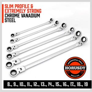 HORUSDY 10-Piece Extra Long Flex-Head Ratcheting Wrench Set - Chrome Vanadium Steel With Metric 8mm - 19mm,With 1/4",3/8",1/2" Socket Drive Adapter