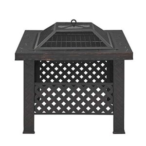 barton 26'' outdoor fire pits bbq square firepit table patio stove wood burning fireplace spark screen cover, poker bbq grill