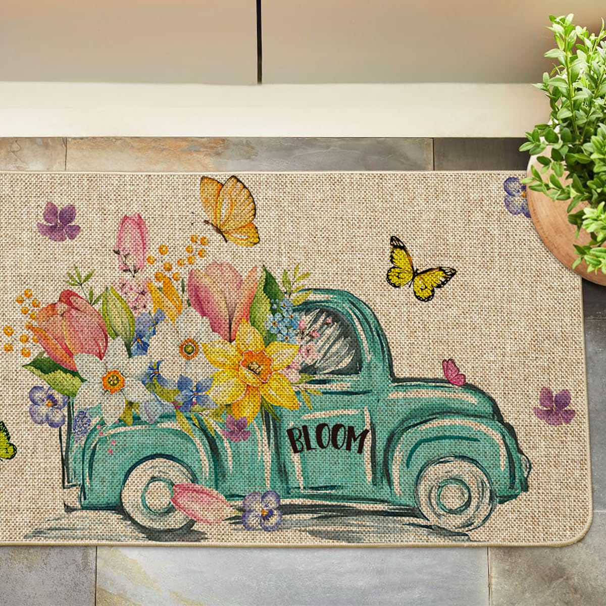 Artoid Mode Spring is in The Air Decorative Doormat, Seasonal Tulips Truck Spring Holiday Low-Profile Floor Mat Switch Mat for Indoor Outdoor 17 x 29 Inch