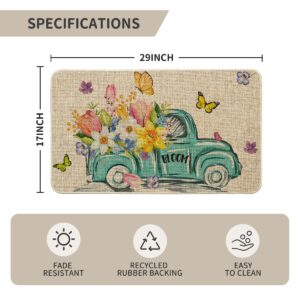 Artoid Mode Spring is in The Air Decorative Doormat, Seasonal Tulips Truck Spring Holiday Low-Profile Floor Mat Switch Mat for Indoor Outdoor 17 x 29 Inch