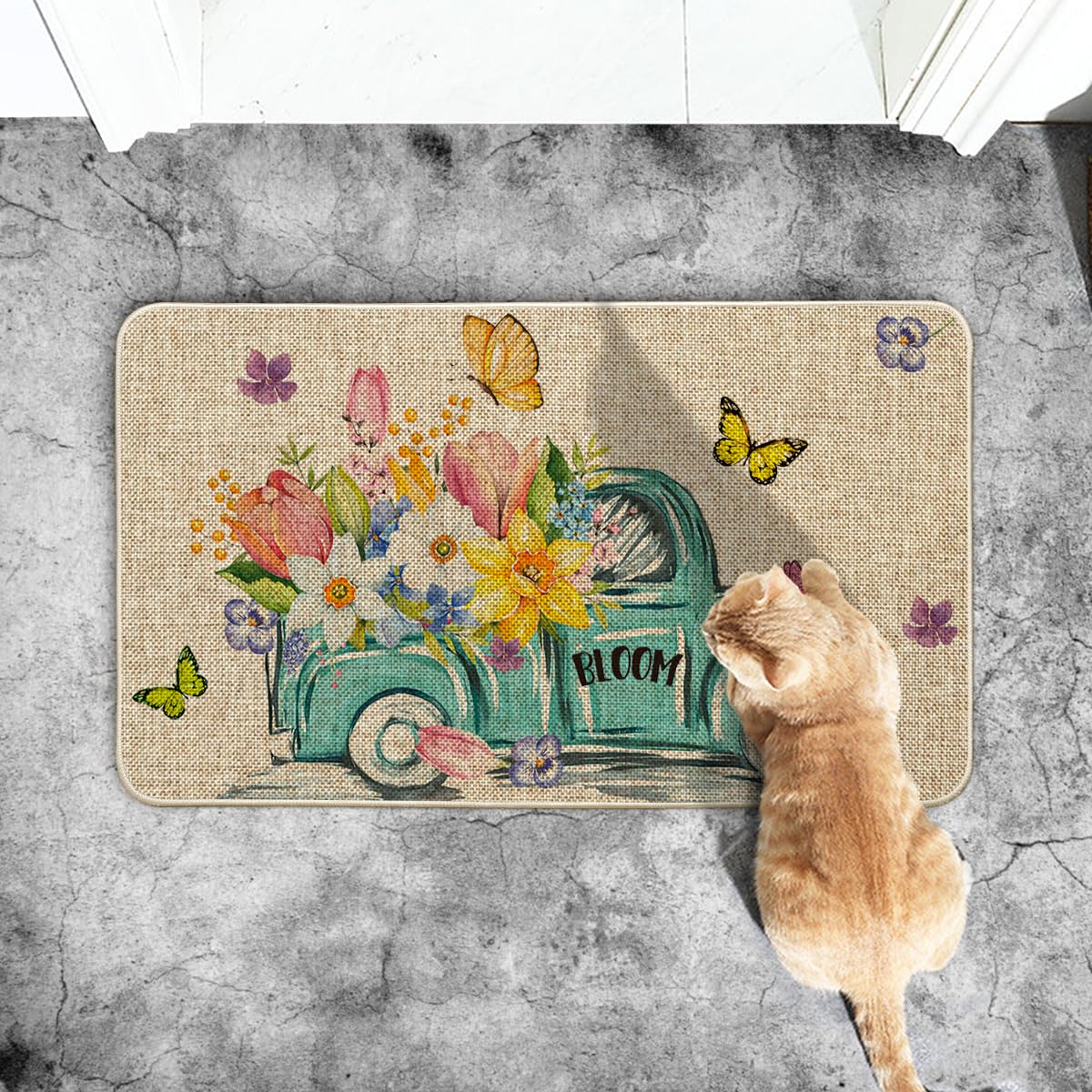 Artoid Mode Spring is in The Air Decorative Doormat, Seasonal Tulips Truck Spring Holiday Low-Profile Floor Mat Switch Mat for Indoor Outdoor 17 x 29 Inch