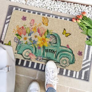 Artoid Mode Spring is in The Air Decorative Doormat, Seasonal Tulips Truck Spring Holiday Low-Profile Floor Mat Switch Mat for Indoor Outdoor 17 x 29 Inch