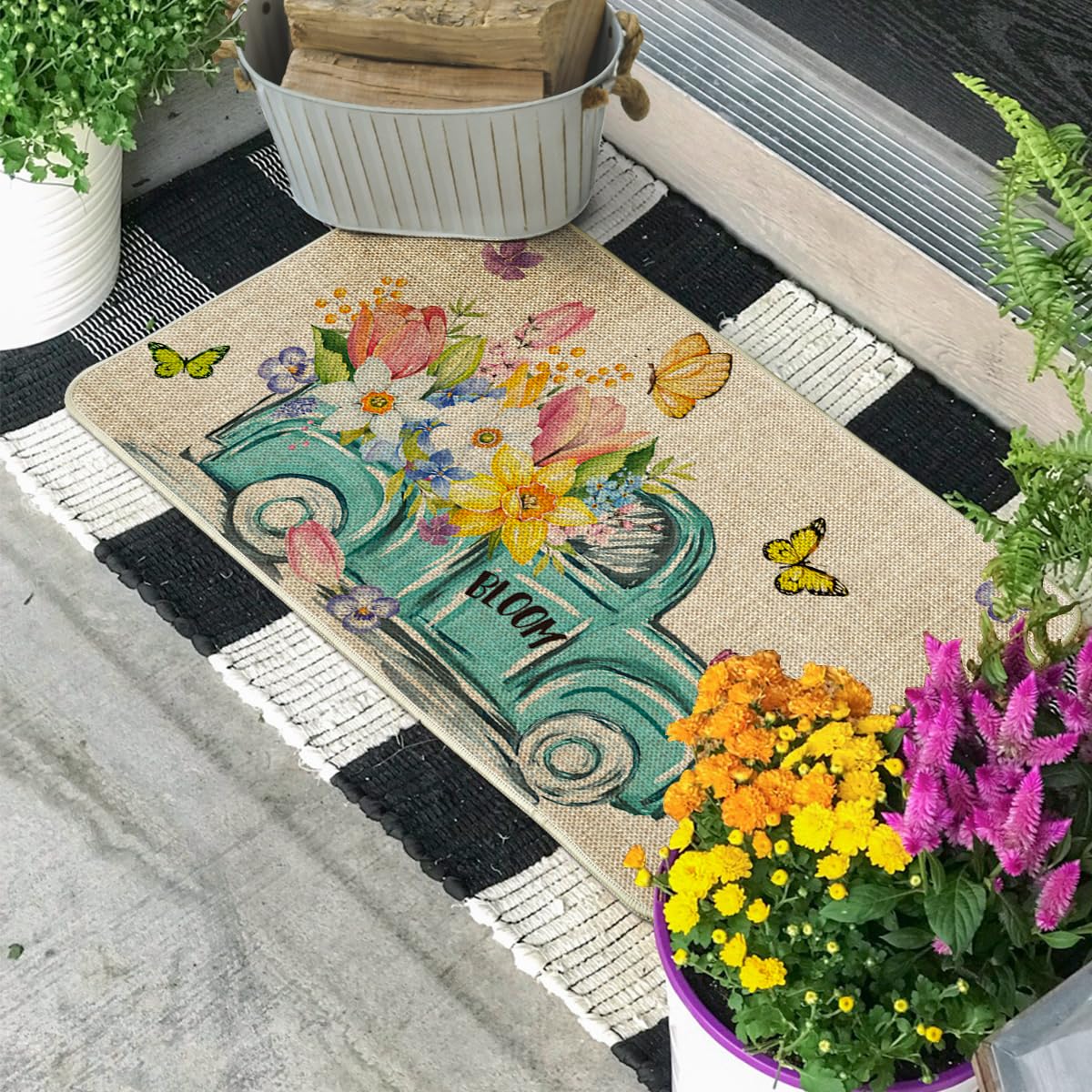 Artoid Mode Spring is in The Air Decorative Doormat, Seasonal Tulips Truck Spring Holiday Low-Profile Floor Mat Switch Mat for Indoor Outdoor 17 x 29 Inch