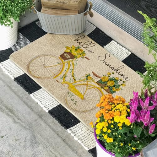 Artoid Mode Hello Sunshine Bicycle Lemon Flower Decorative Doormat, Seasonal Spring Holiday Low-Profile Floor Mat Switch Mat for Indoor Outdoor 17 x 29 Inch