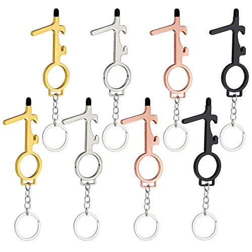 GADIEDIE 8Pcs No Touch Door Opener Tool with Stylus, Reusable Multifunctional Stylus Keychain,Button Pusher, Bottle Opener Tool, 4 Colors, Black, Gold, Silver, Rose Gold.