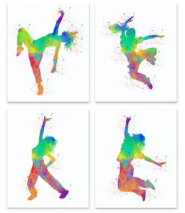 hip hop wall art girl dancer abstract print set of 4 8x10, gift for hip hop dancer, freestyle dance, dance teacher. dnce studio dorm room decor