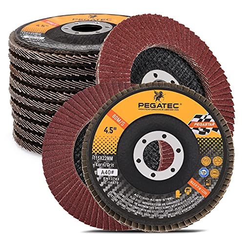 PEGATEC 40 Grit Flap Discs 4 1/2 inch Flap Wheel Type 29 Flap Sanding Disc with 7/8 Arbor Aluminum Oxide Abrasives for Grinding, Blending, Sanding and Finishing - 10 Packs