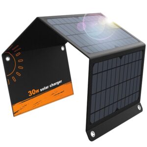 Solar Charger 30W Solar Panel QC3.0 USB and 1DC(18V1.66A) Ports Foldable Panel Has High Conversion Rate Portable Solar Phone Charger Compatible with USB Devices and DC Devices(Black)