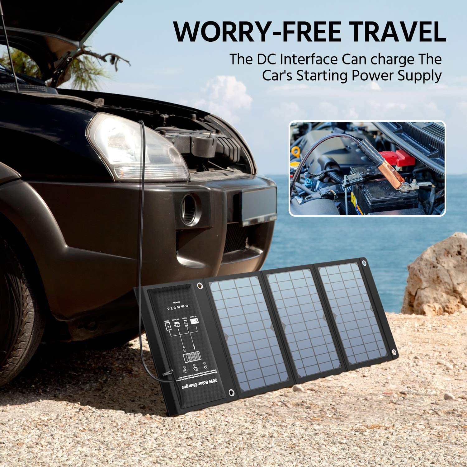 Solar Charger 30W Solar Panel QC3.0 USB and 1DC(18V1.66A) Ports Foldable Panel Has High Conversion Rate Portable Solar Phone Charger Compatible with USB Devices and DC Devices(Black)