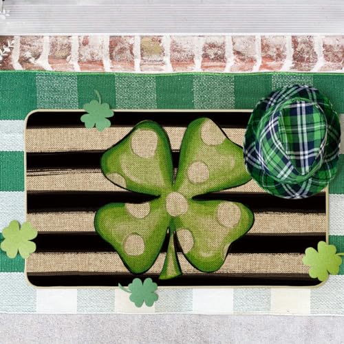 Artoid Mode Watercolor Stripes Shamrock Lucky Clover Decorative Doormat, Seasonal Spring St. Patrick's Day Holiday Low-Profile Floor Mat Switch Mat for Indoor Outdoor 17 x 29 Inch