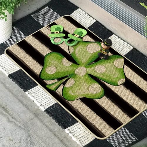 Artoid Mode Watercolor Stripes Shamrock Lucky Clover Decorative Doormat, Seasonal Spring St. Patrick's Day Holiday Low-Profile Floor Mat Switch Mat for Indoor Outdoor 17 x 29 Inch