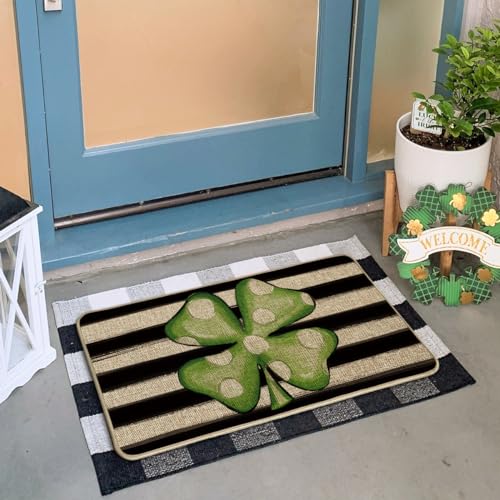 Artoid Mode Watercolor Stripes Shamrock Lucky Clover Decorative Doormat, Seasonal Spring St. Patrick's Day Holiday Low-Profile Floor Mat Switch Mat for Indoor Outdoor 17 x 29 Inch