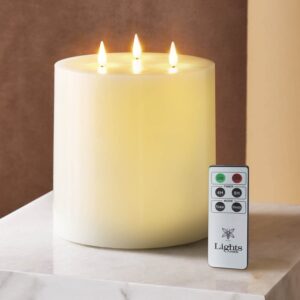 LampLust 3 Wick Flameless Candle: 6x6 inch Extra Large Candle, Remote & Batteries Incl., 3D Flames, Flickering LED, Ivory Real Wax, Battery Operated, Spring Pillar Candle, Valentine Decor