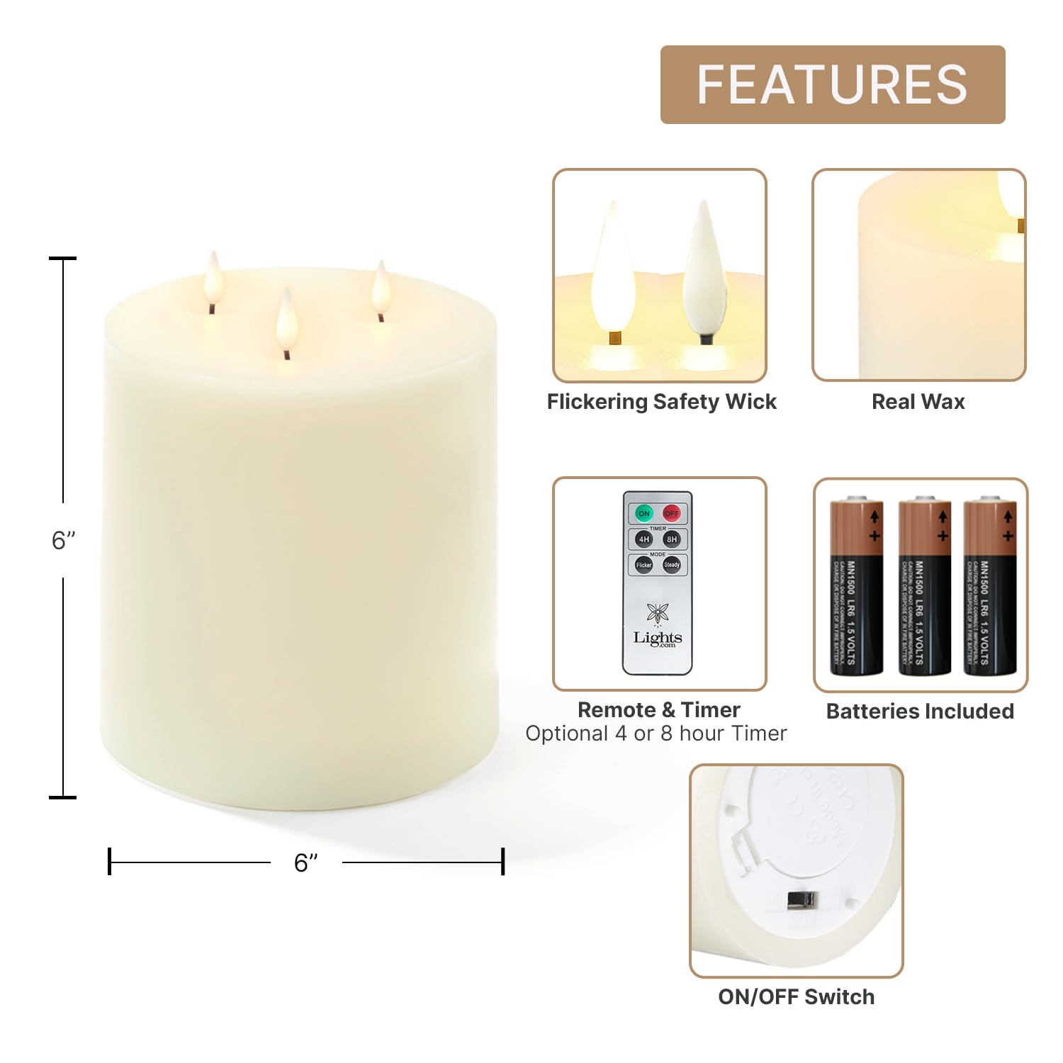 LampLust 3 Wick Flameless Candle: 6x6 inch Extra Large Candle, Remote & Batteries Incl., 3D Flames, Flickering LED, Ivory Real Wax, Battery Operated, Spring Pillar Candle, Valentine Decor