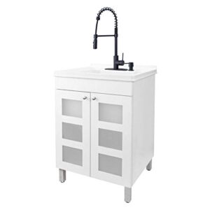 white utility sink in white vanity, matte black pull-down coil faucet, soap dispenser and spacious cabinet by js jackson supplies for garage, basement, shop and laundry room