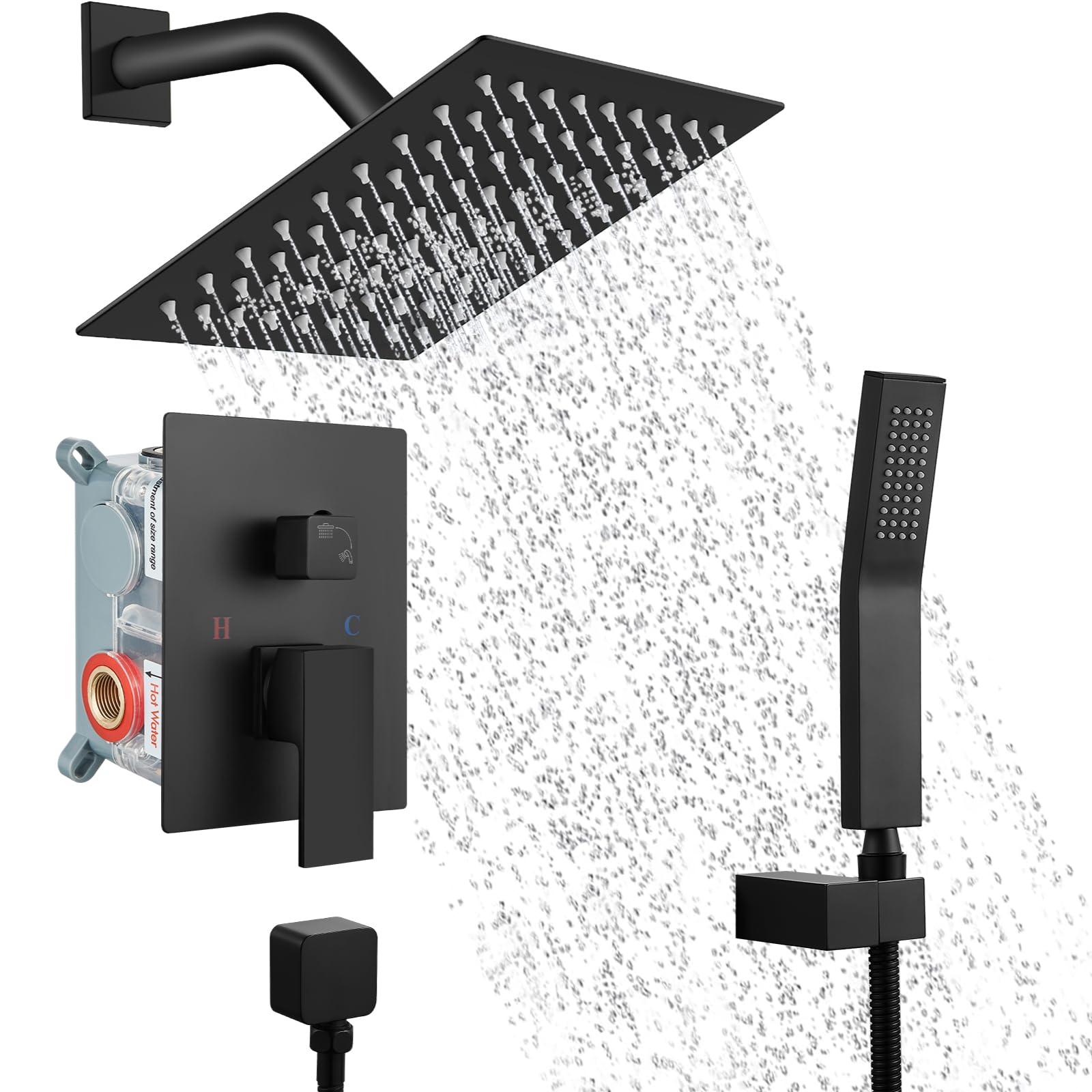 Midanya Matte Black Rain Shower System Wall Mount Shower Faucet Set 8 Inch Square High Pressure Showerhead with Hand Sprayer Rough-In Valve Body and Trim Included Mixer Shower Combo Set Bathroom